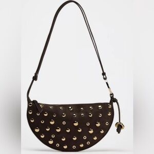 Zara Dark Brown Half-Moon Crossbody with Gold Studs